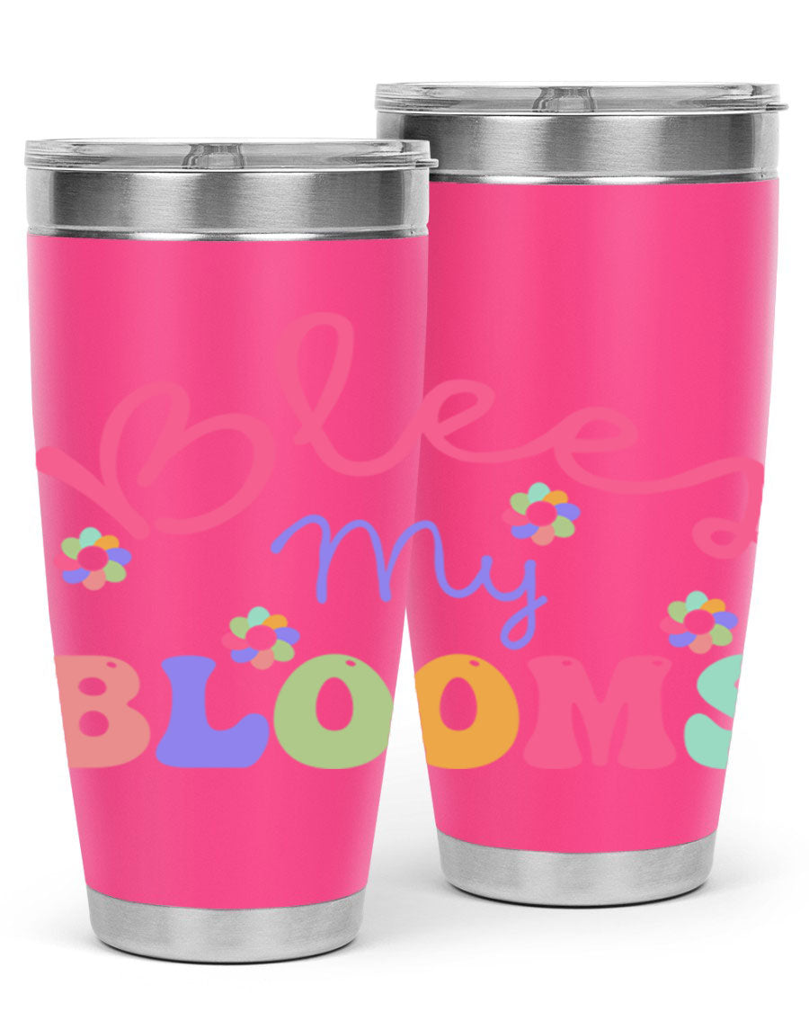 Blees my blooms36# Spring Tumbler in vibrant colors, showcasing its double wall vacuum stainless steel design and drink-thru lid.