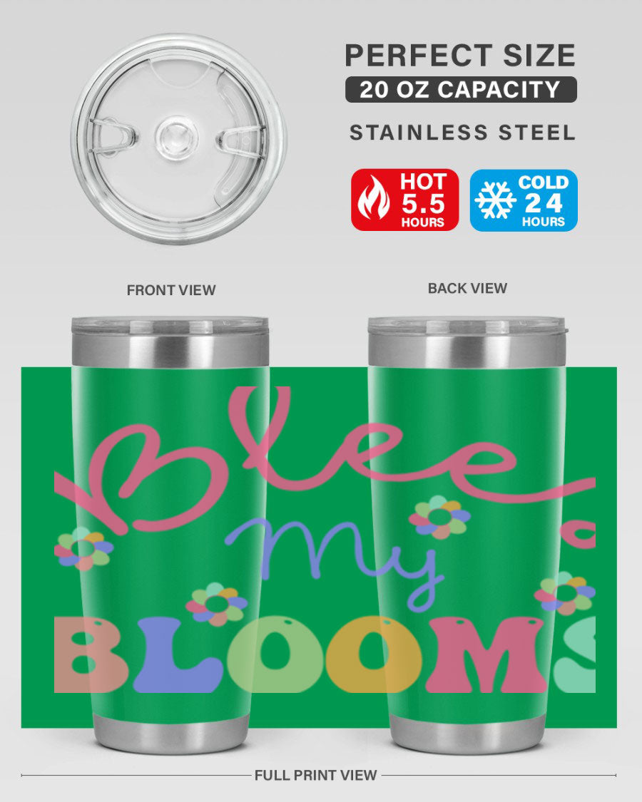 Blees my blooms36# Spring Tumbler in vibrant colors, showcasing its double wall vacuum stainless steel design and drink-thru lid.