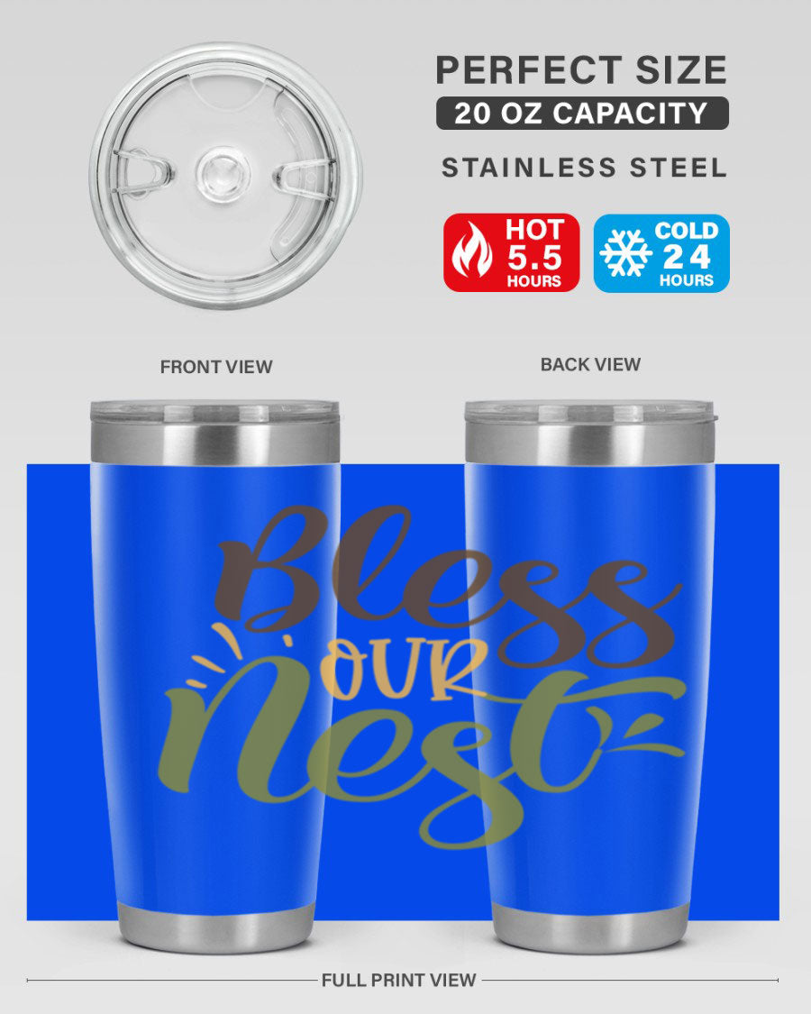 Bless Our Nest 20oz Tumbler made of stainless steel with a charming design, perfect for keeping beverages hot or cold.