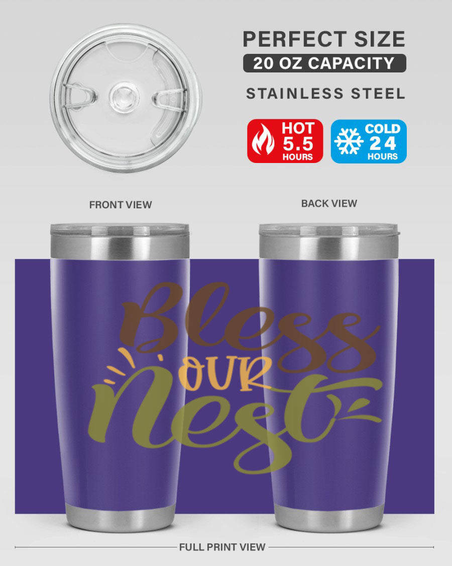 Bless Our Nest 20oz Tumbler made of stainless steel with a charming design, perfect for keeping beverages hot or cold.