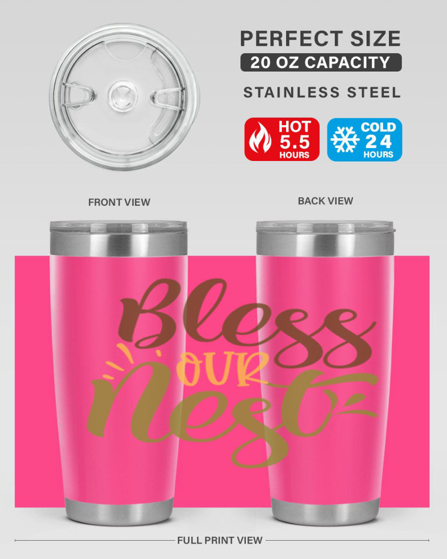 Bless Our Nest 20oz Tumbler made of stainless steel with a charming design, perfect for keeping beverages hot or cold.