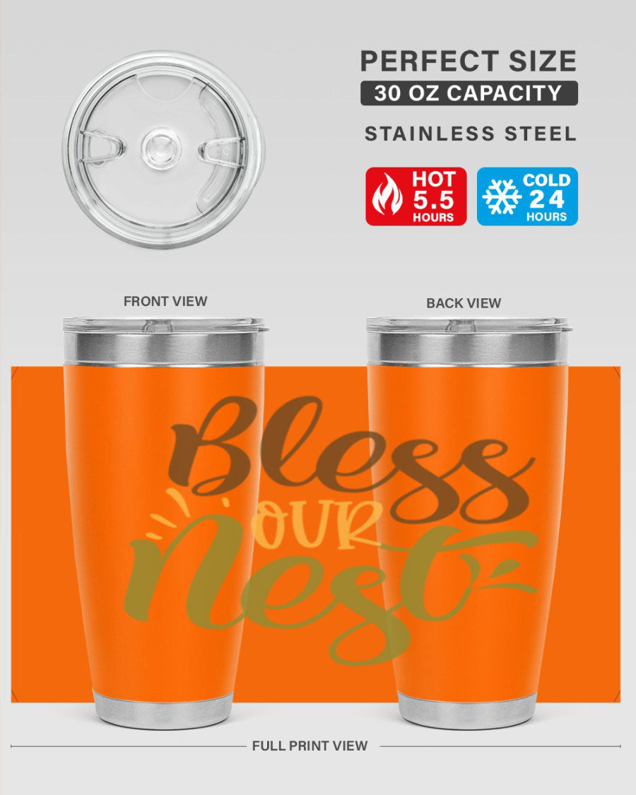 Bless Our Nest 20oz Tumbler made of stainless steel with a charming design, perfect for keeping beverages hot or cold.