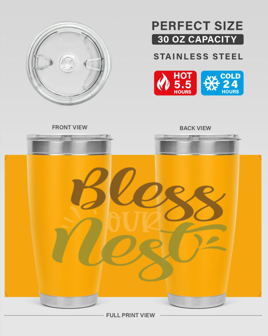 Bless Our Nest 20oz Tumbler made of stainless steel with a charming design, perfect for keeping beverages hot or cold.