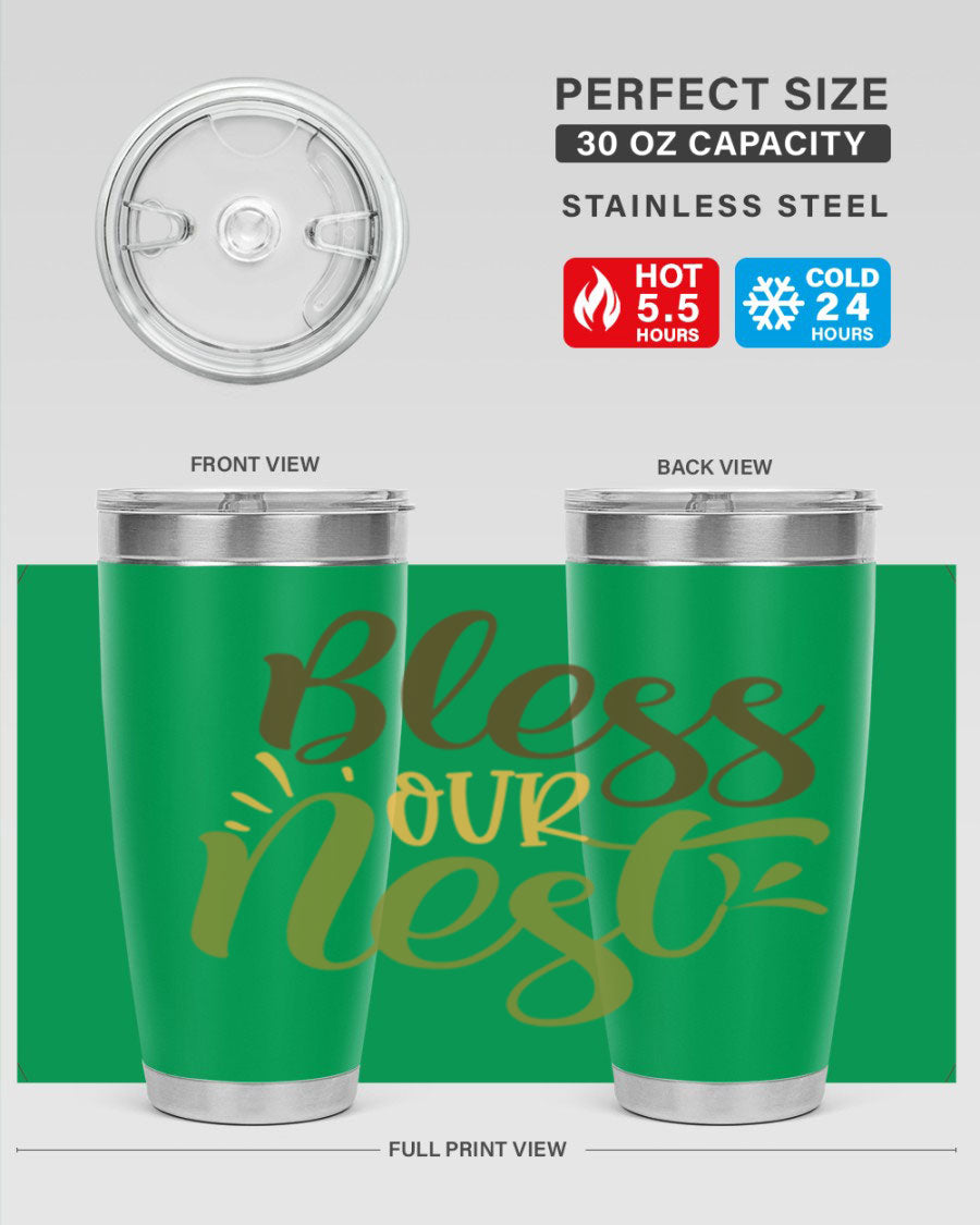 Bless Our Nest 20oz Tumbler made of stainless steel with a charming design, perfect for keeping beverages hot or cold.