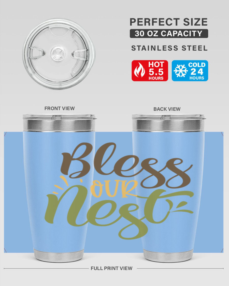 Bless Our Nest 20oz Tumbler made of stainless steel with a charming design, perfect for keeping beverages hot or cold.