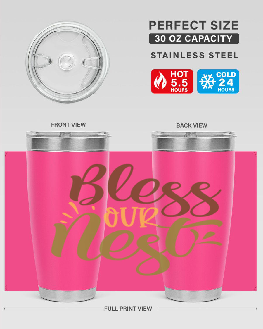 Bless Our Nest 20oz Tumbler made of stainless steel with a charming design, perfect for keeping beverages hot or cold.