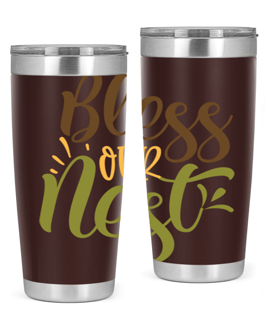 Bless Our Nest 20oz Tumbler made of stainless steel with a charming design, perfect for keeping beverages hot or cold.