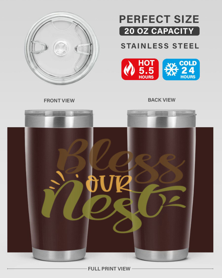 Bless Our Nest 20oz Tumbler made of stainless steel with a charming design, perfect for keeping beverages hot or cold.