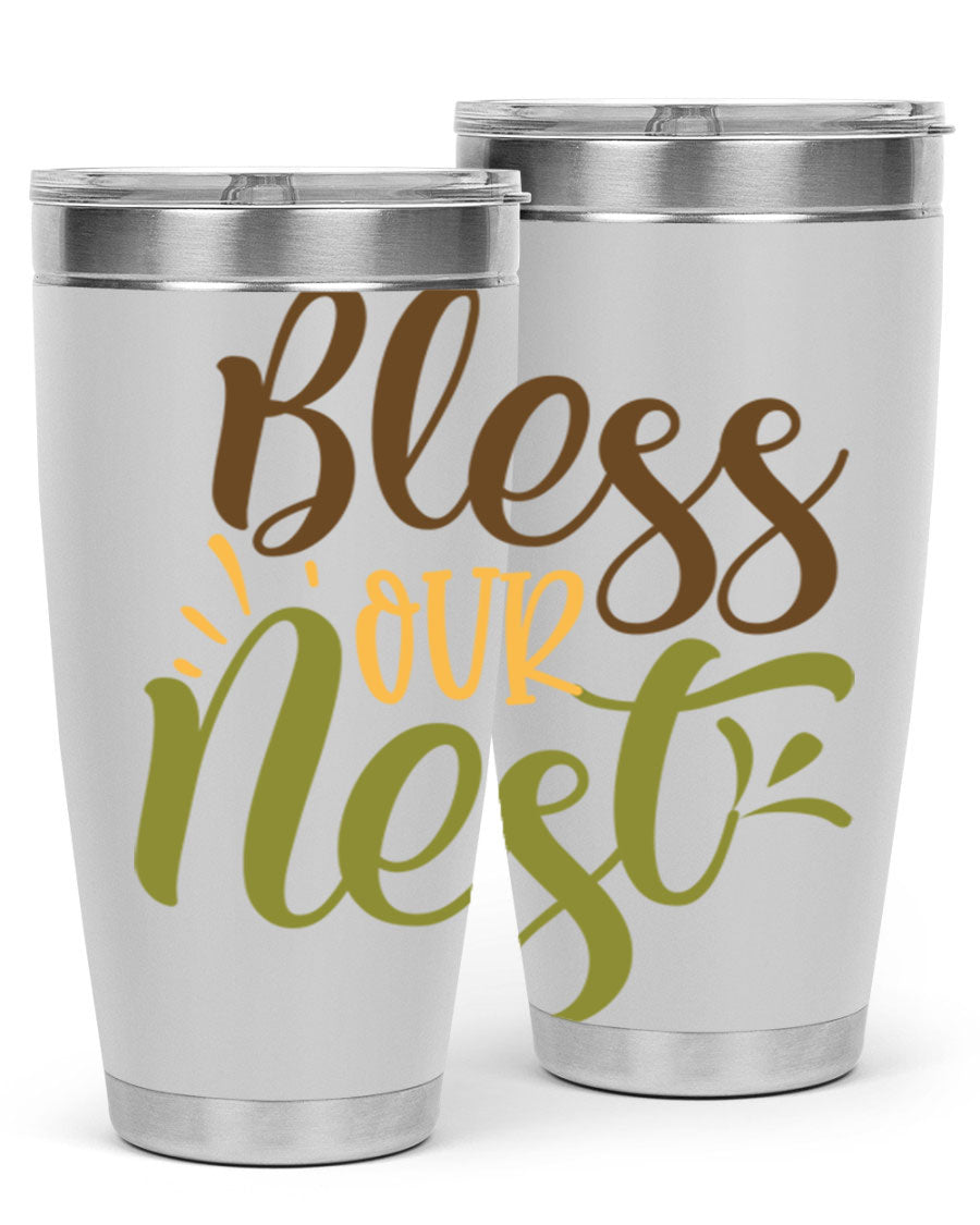 Bless Our Nest 20oz Tumbler made of stainless steel with a charming design, perfect for keeping beverages hot or cold.