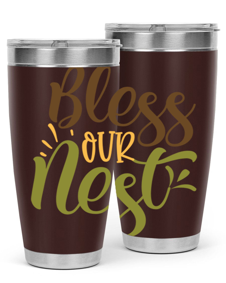 Bless Our Nest 20oz Tumbler made of stainless steel with a charming design, perfect for keeping beverages hot or cold.