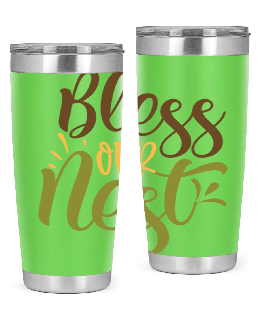 Bless Our Nest 20oz Tumbler made of stainless steel with a charming design, perfect for keeping beverages hot or cold.