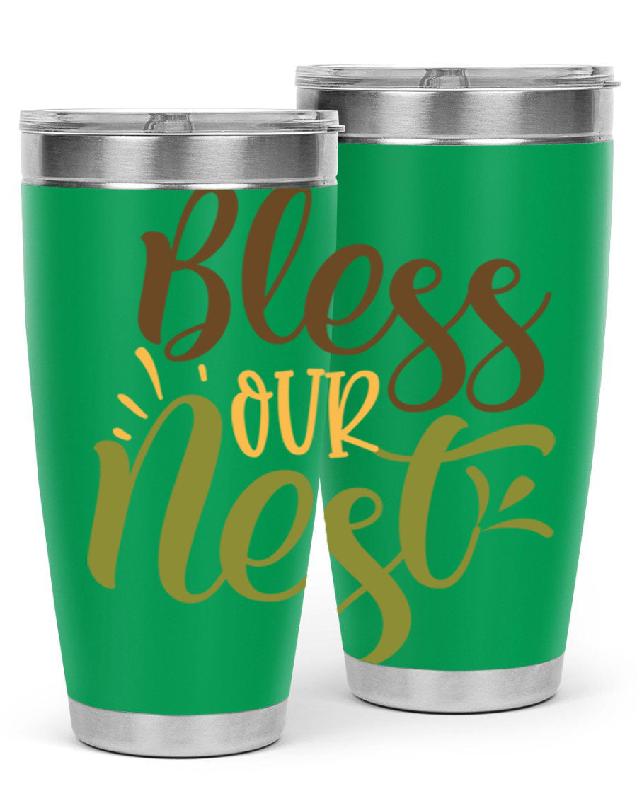 Bless Our Nest 20oz Tumbler made of stainless steel with a charming design, perfect for keeping beverages hot or cold.