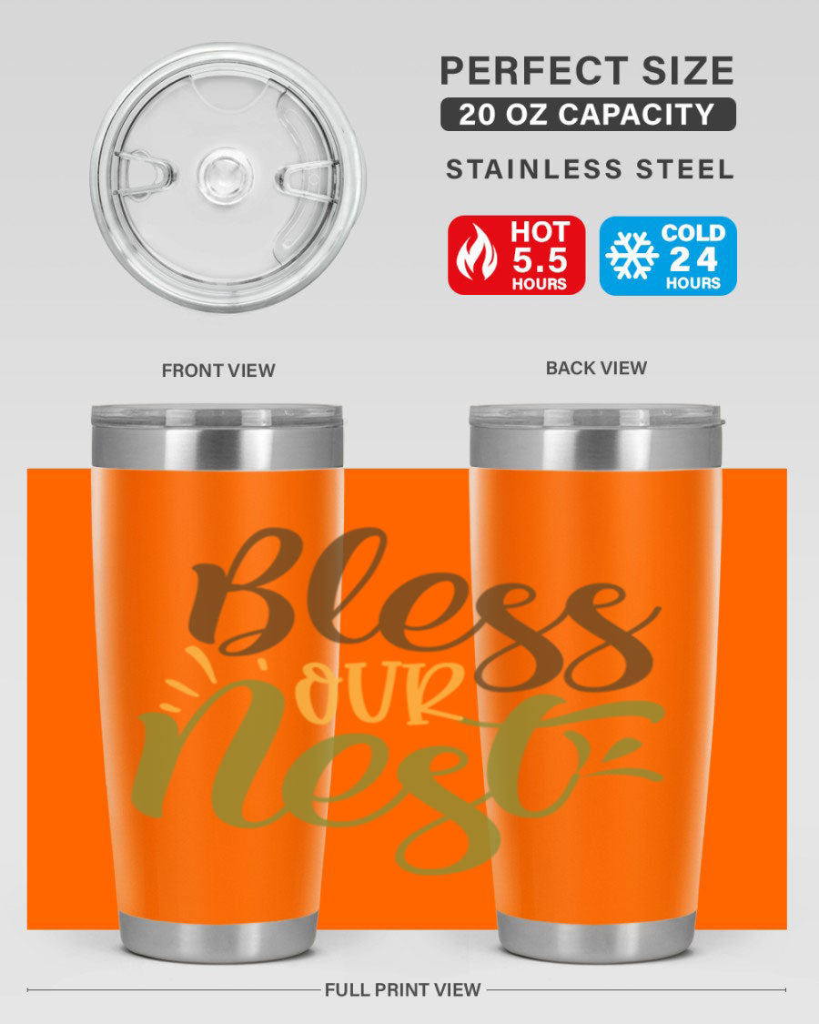 Bless Our Nest 20oz Tumbler made of stainless steel with a charming design, perfect for keeping beverages hot or cold.