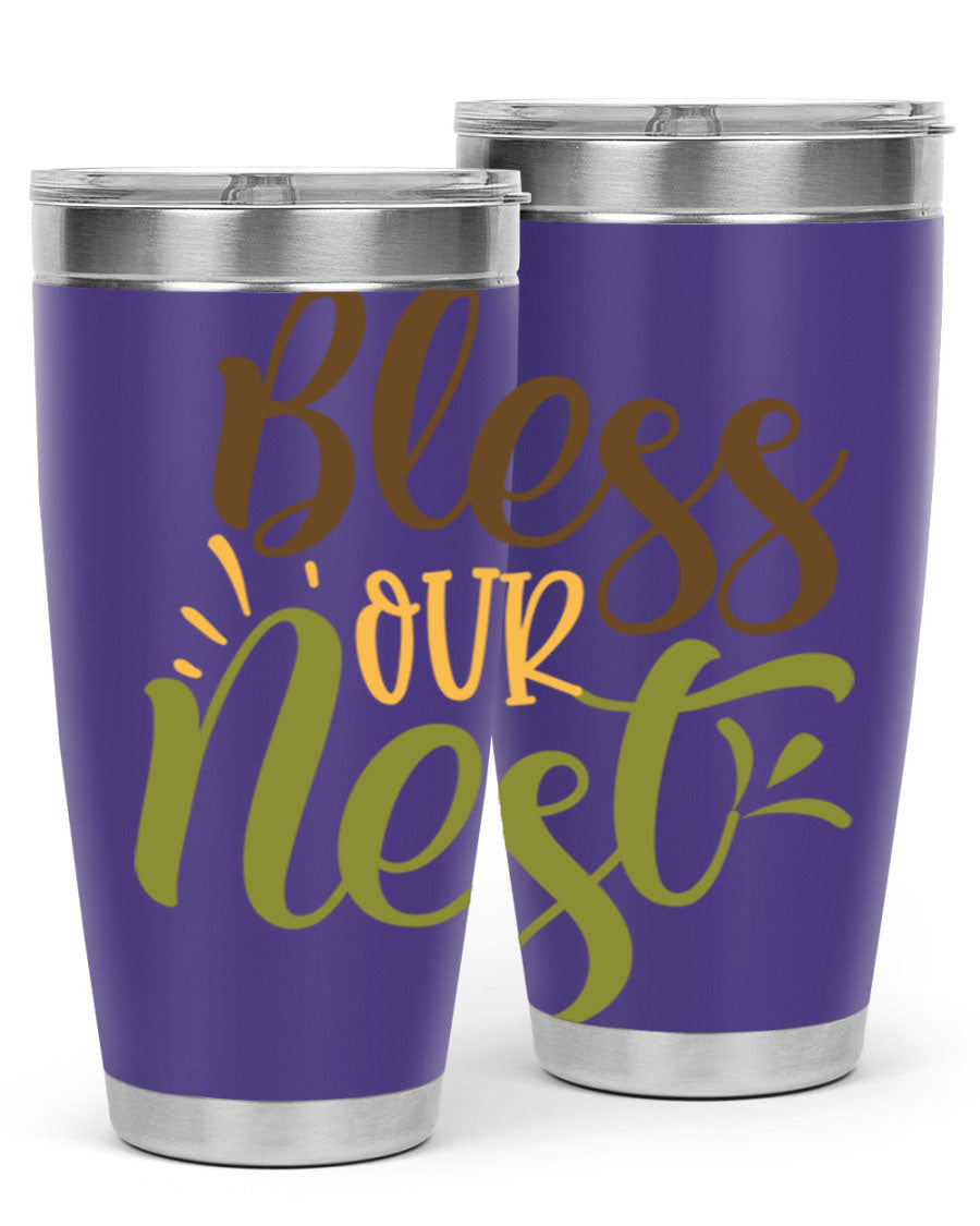 Bless Our Nest 20oz Tumbler made of stainless steel with a charming design, perfect for keeping beverages hot or cold.