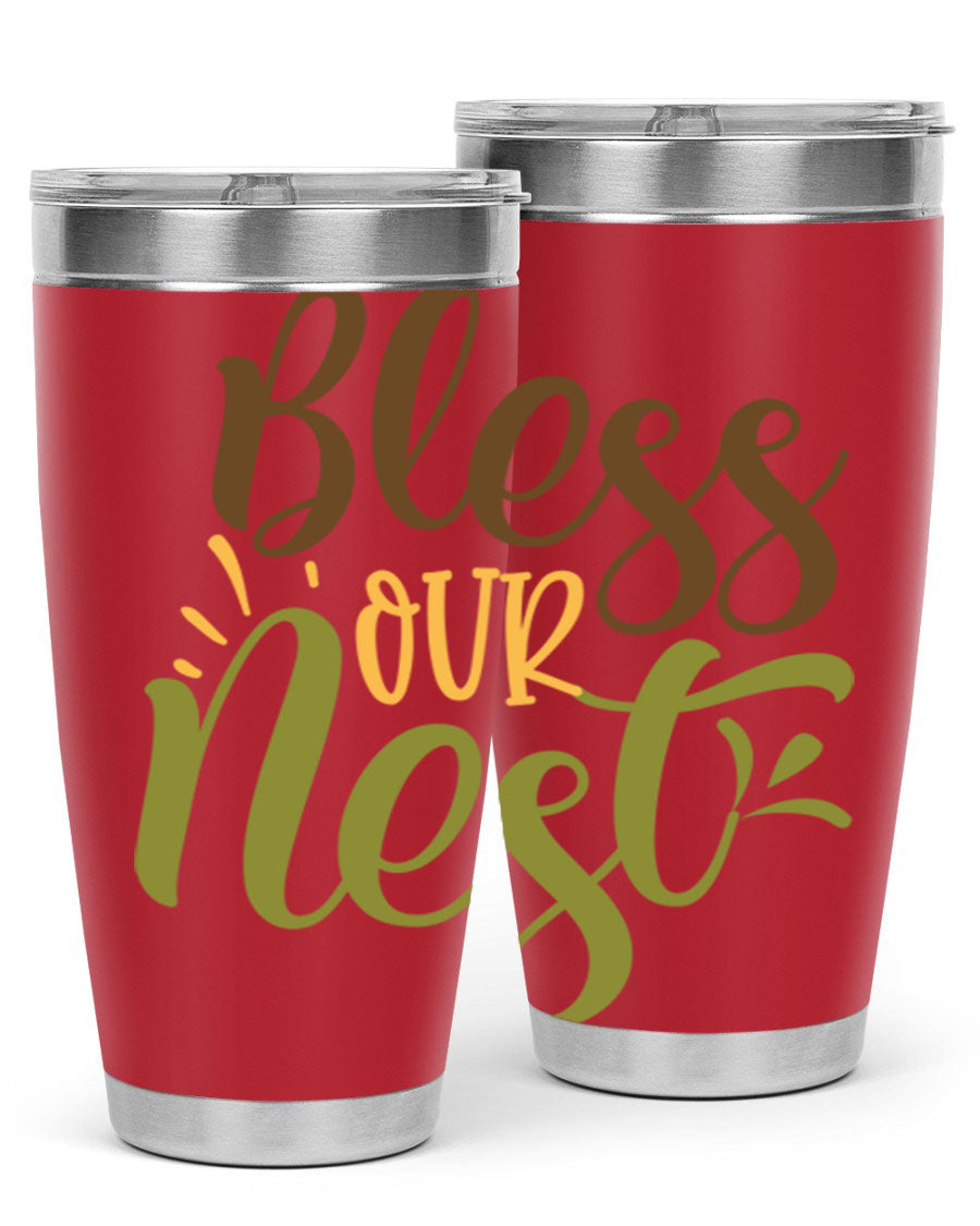 Bless Our Nest 20oz Tumbler made of stainless steel with a charming design, perfect for keeping beverages hot or cold.