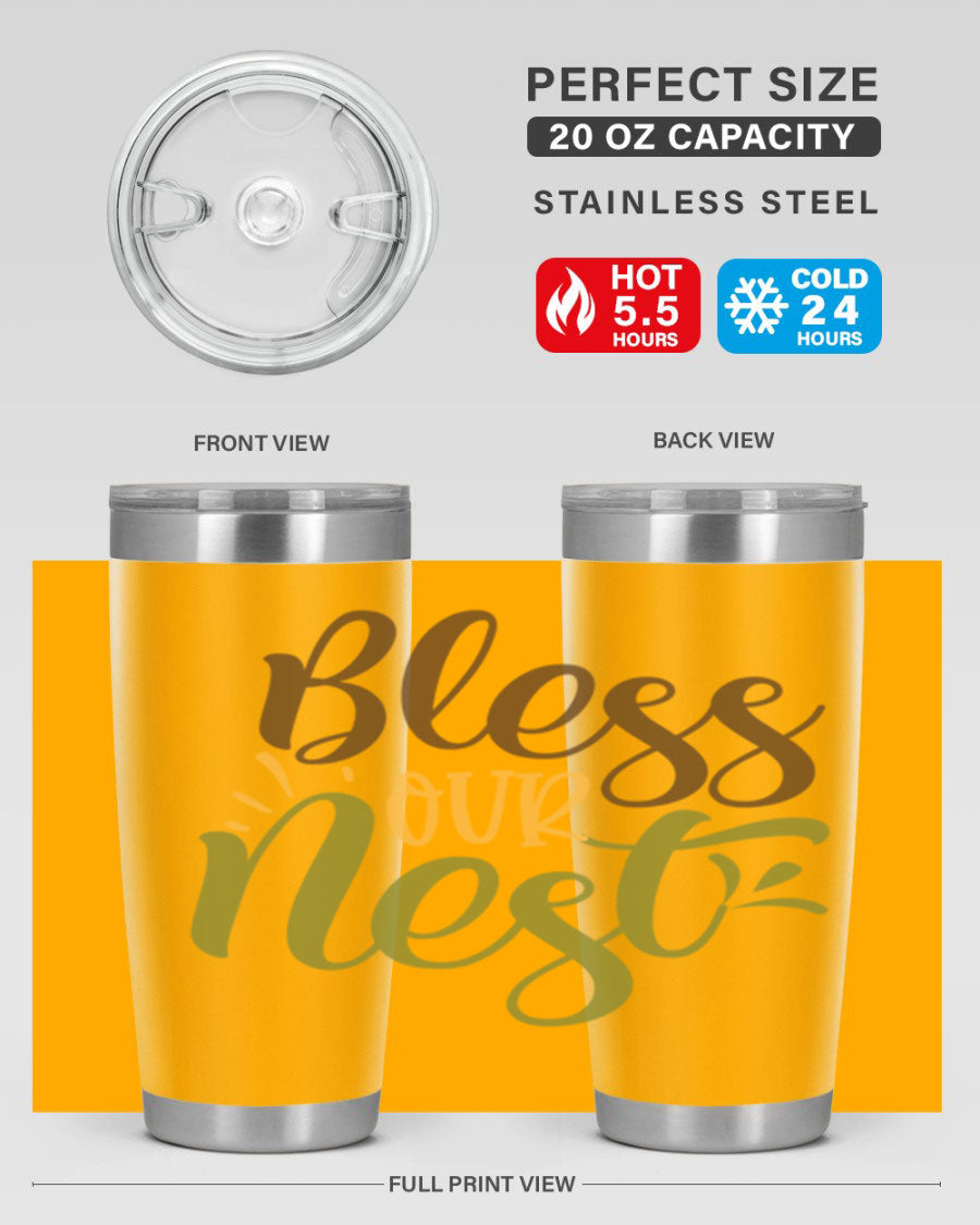 Bless Our Nest 20oz Tumbler made of stainless steel with a charming design, perfect for keeping beverages hot or cold.