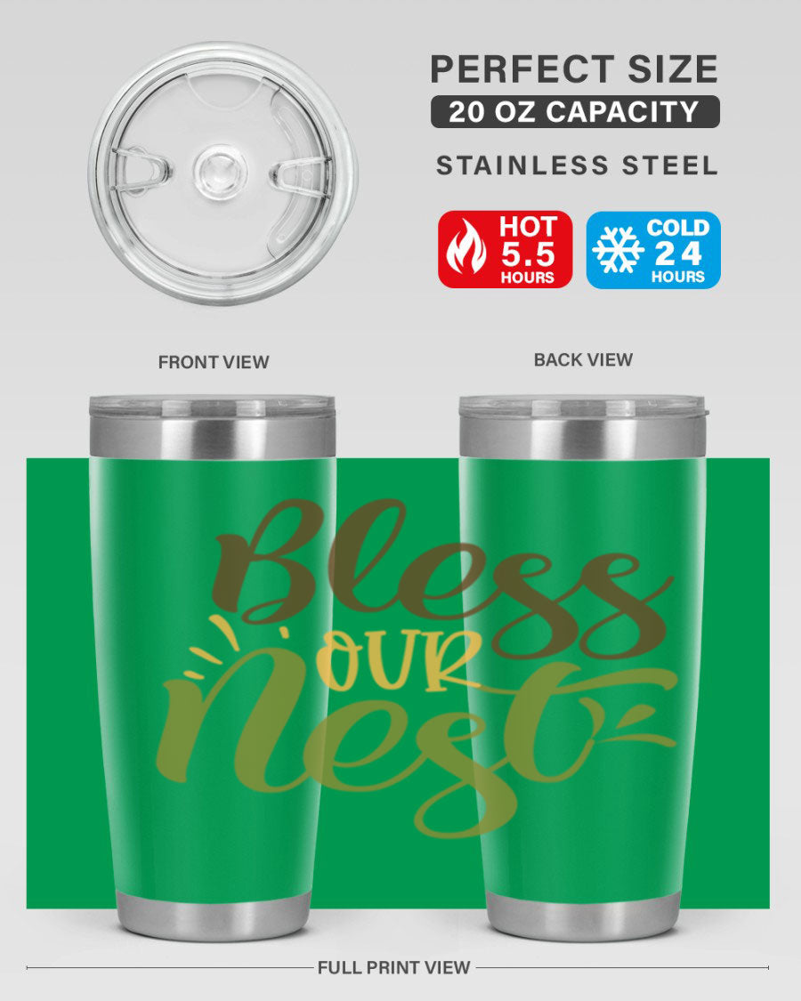 Bless Our Nest 20oz Tumbler made of stainless steel with a charming design, perfect for keeping beverages hot or cold.