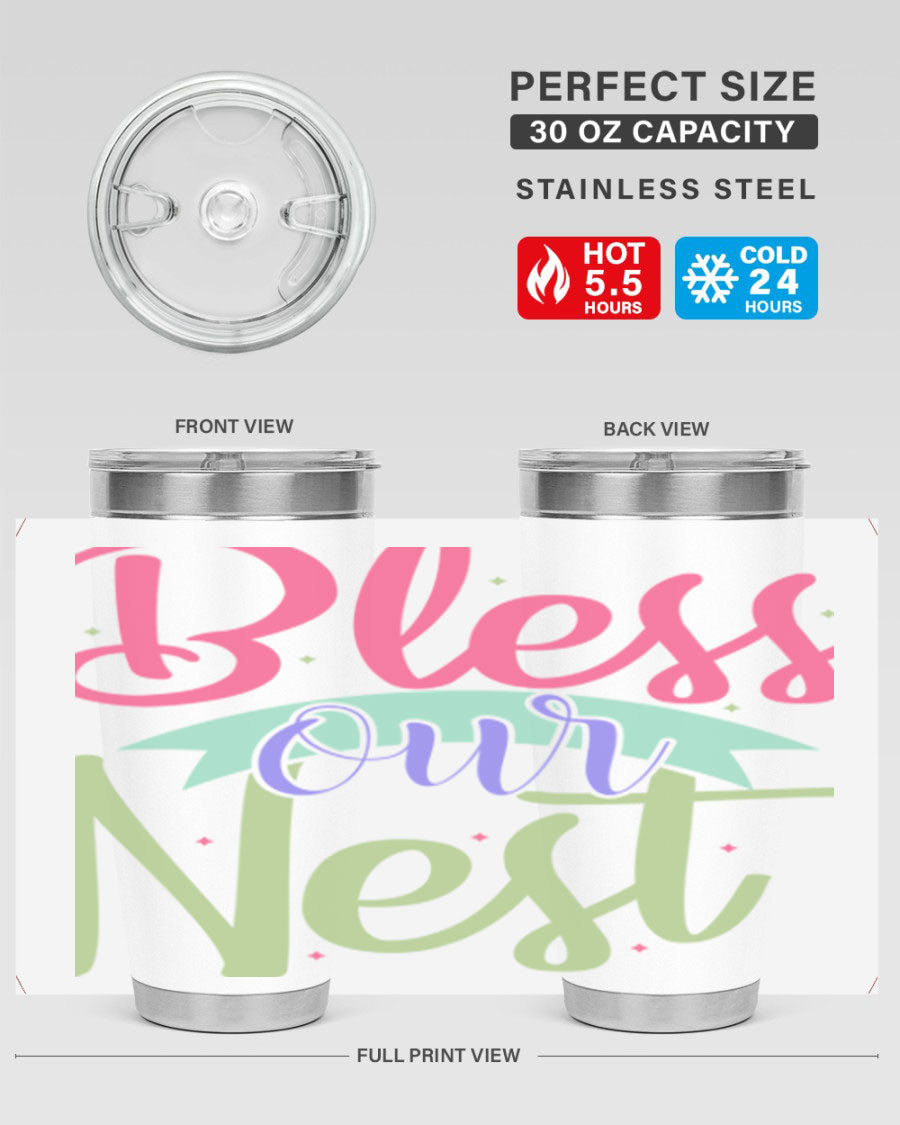 Bless Our Nest 20oz Tumbler made of stainless steel with a charming design, perfect for hot and cold beverages.