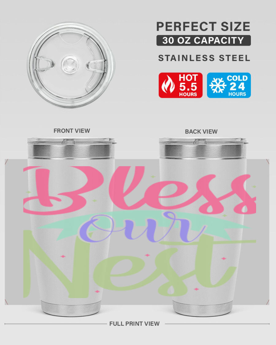 Bless Our Nest 20oz Tumbler made of stainless steel with a charming design, perfect for hot and cold beverages.