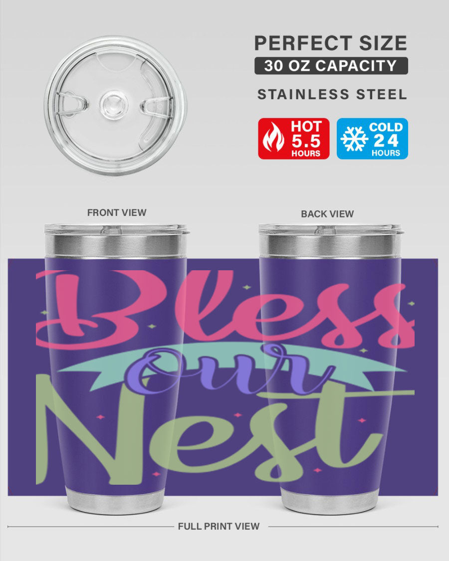 Bless Our Nest 20oz Tumbler made of stainless steel with a charming design, perfect for hot and cold beverages.