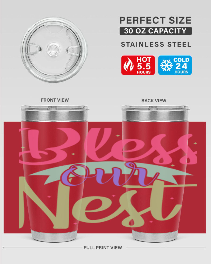 Bless Our Nest 20oz Tumbler made of stainless steel with a charming design, perfect for hot and cold beverages.