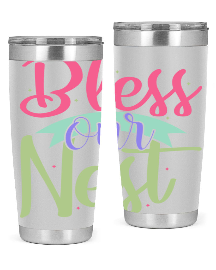 Bless Our Nest 20oz Tumbler made of stainless steel with a charming design, perfect for hot and cold beverages.
