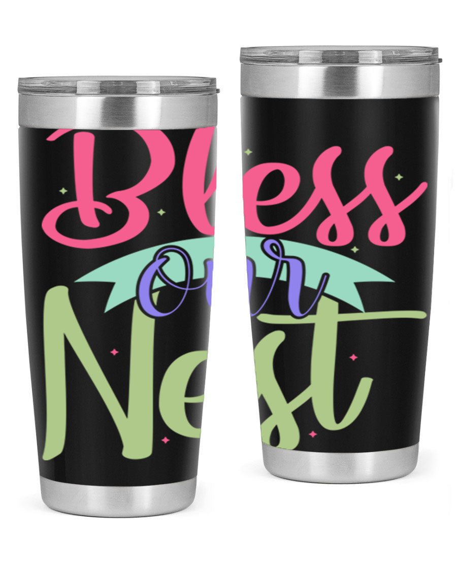 Bless Our Nest 20oz Tumbler made of stainless steel with a charming design, perfect for hot and cold beverages.