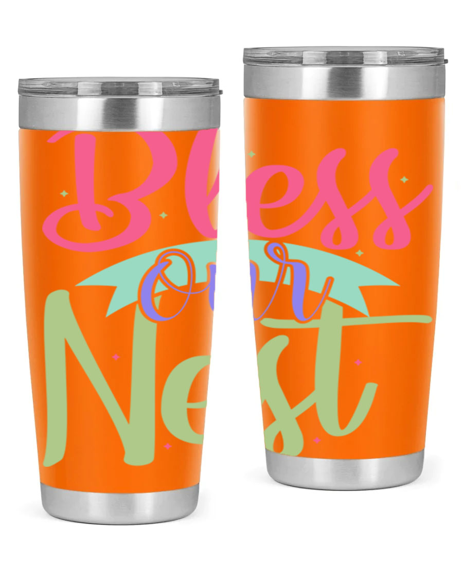 Bless Our Nest 20oz Tumbler made of stainless steel with a charming design, perfect for hot and cold beverages.