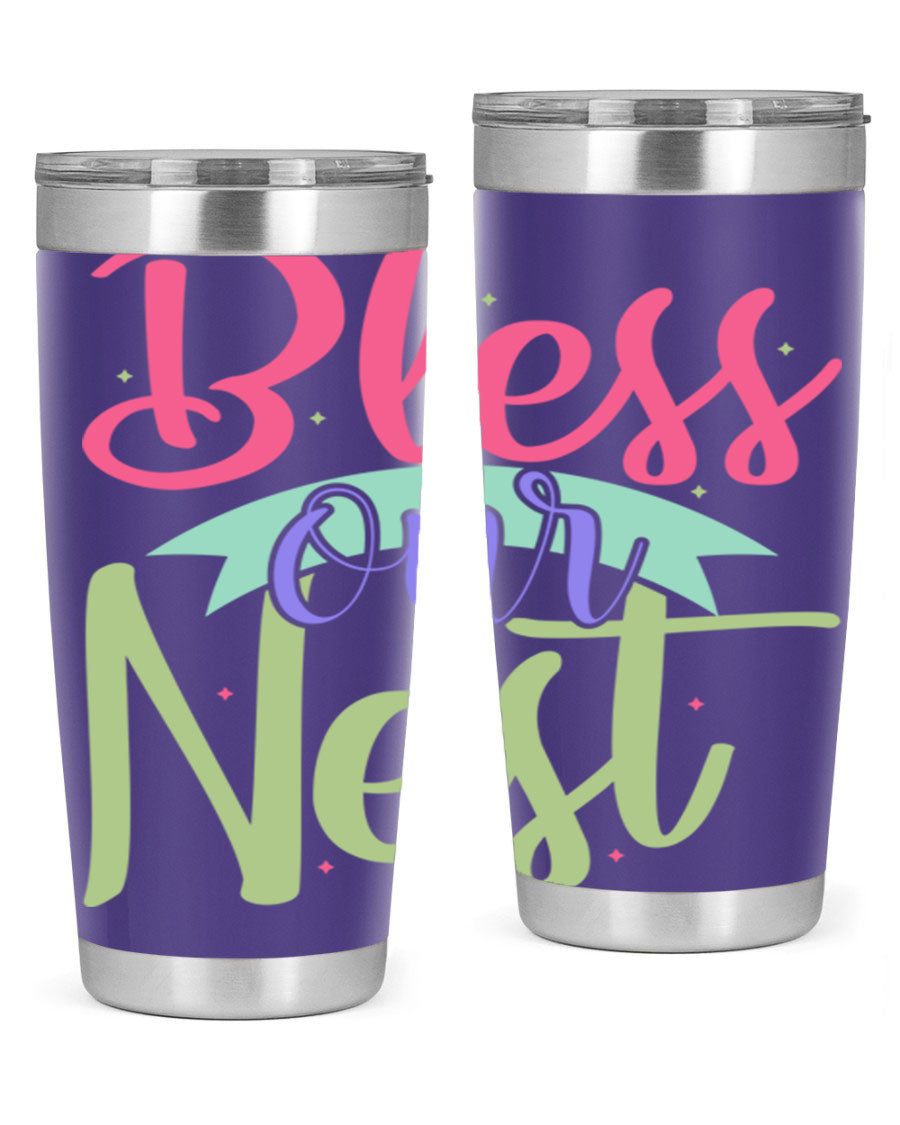 Bless Our Nest 20oz Tumbler made of stainless steel with a charming design, perfect for hot and cold beverages.