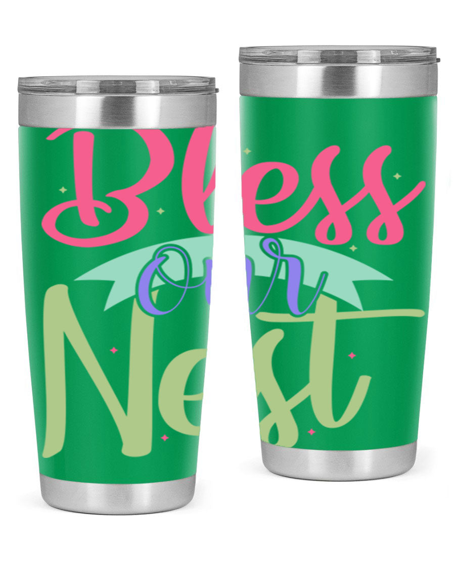 Bless Our Nest 20oz Tumbler made of stainless steel with a charming design, perfect for hot and cold beverages.