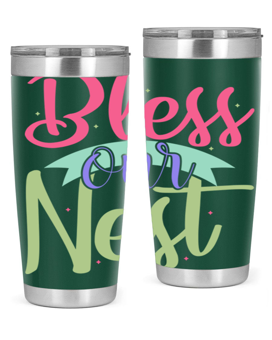Bless Our Nest 20oz Tumbler made of stainless steel with a charming design, perfect for hot and cold beverages.