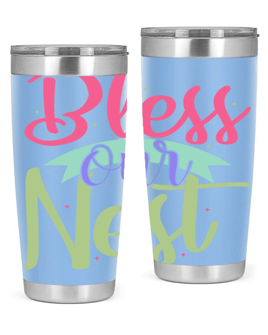 Bless Our Nest 20oz Tumbler made of stainless steel with a charming design, perfect for hot and cold beverages.
