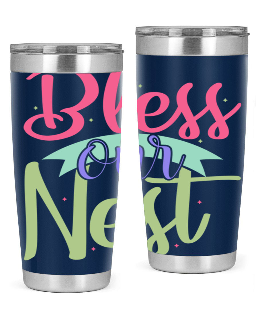 Bless Our Nest 20oz Tumbler made of stainless steel with a charming design, perfect for hot and cold beverages.