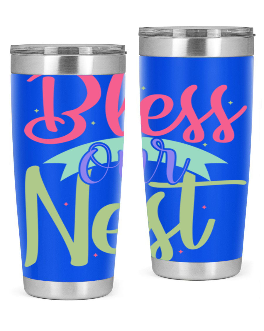 Bless Our Nest 20oz Tumbler made of stainless steel with a charming design, perfect for hot and cold beverages.