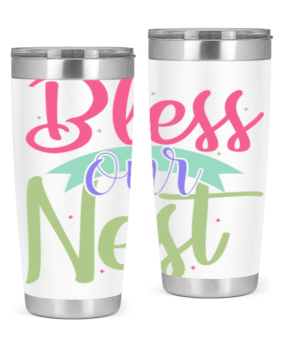 Bless Our Nest 20oz Tumbler made of stainless steel with a charming design, perfect for hot and cold beverages.