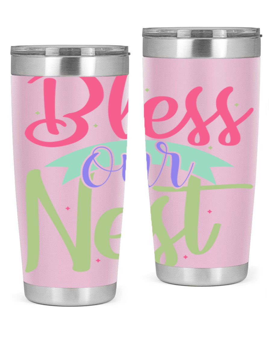 Bless Our Nest 20oz Tumbler made of stainless steel with a charming design, perfect for hot and cold beverages.