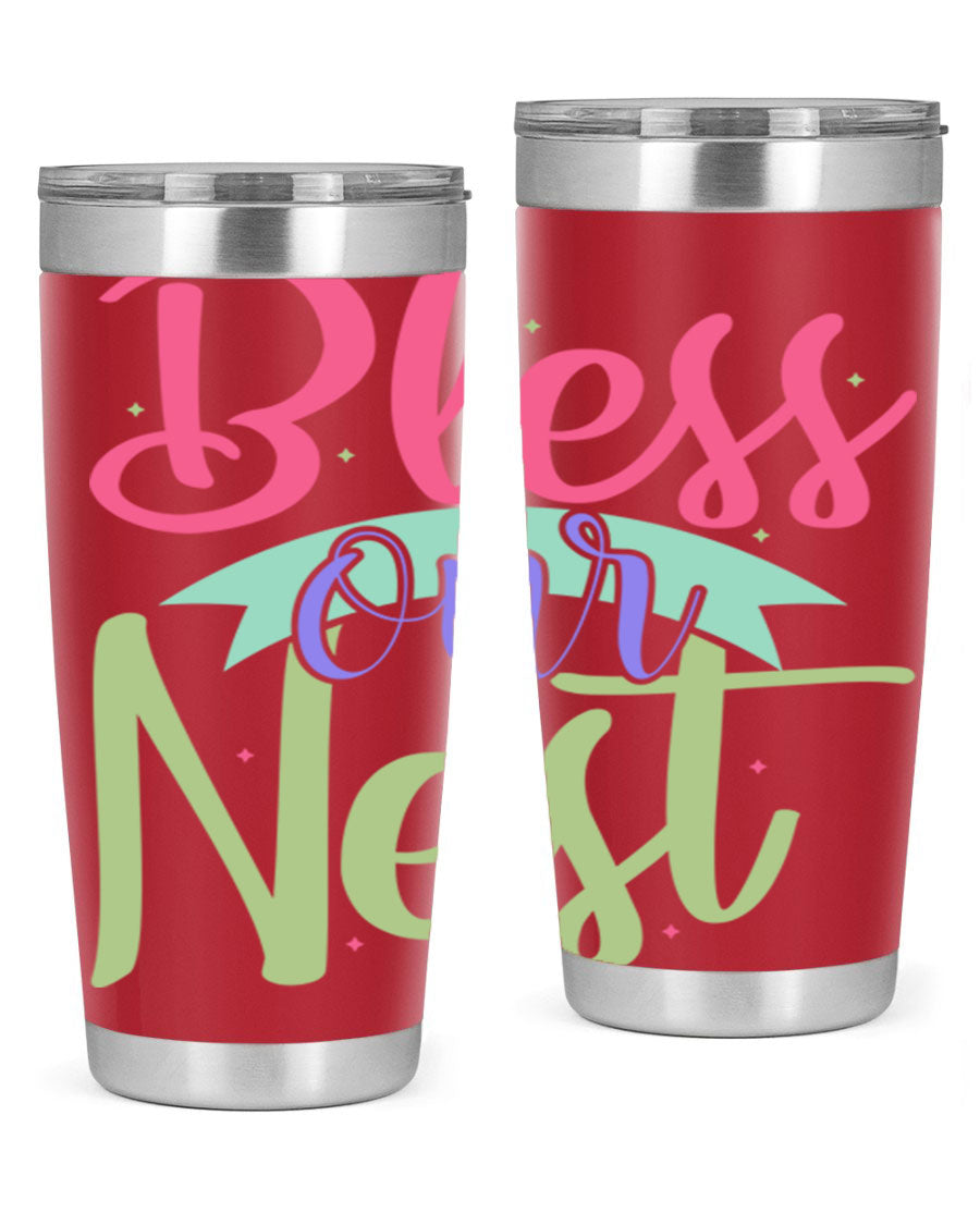 Bless Our Nest 20oz Tumbler made of stainless steel with a charming design, perfect for hot and cold beverages.