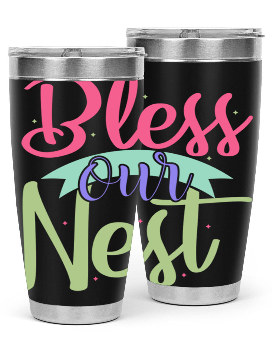 Bless Our Nest 20oz Tumbler made of stainless steel with a charming design, perfect for hot and cold beverages.