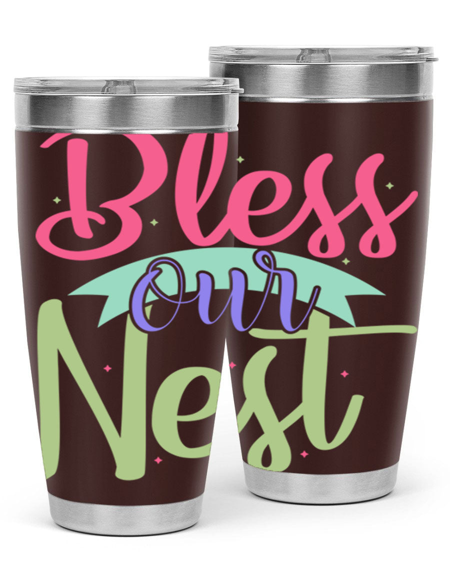 Bless Our Nest 20oz Tumbler made of stainless steel with a charming design, perfect for hot and cold beverages.