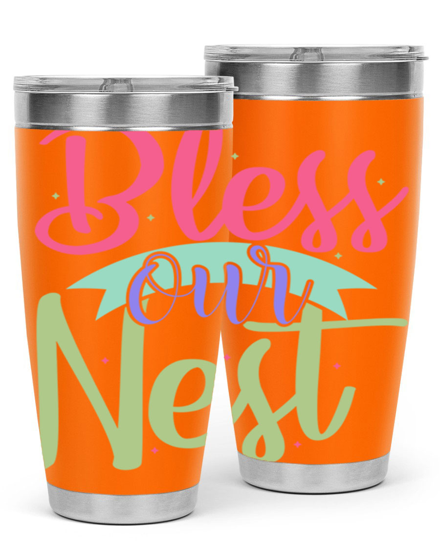 Bless Our Nest 20oz Tumbler made of stainless steel with a charming design, perfect for hot and cold beverages.