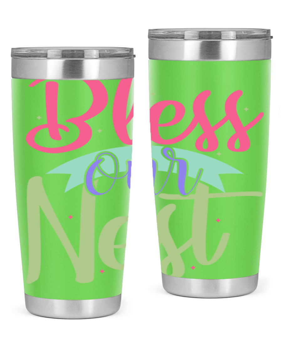 Bless Our Nest 20oz Tumbler made of stainless steel with a charming design, perfect for hot and cold beverages.
