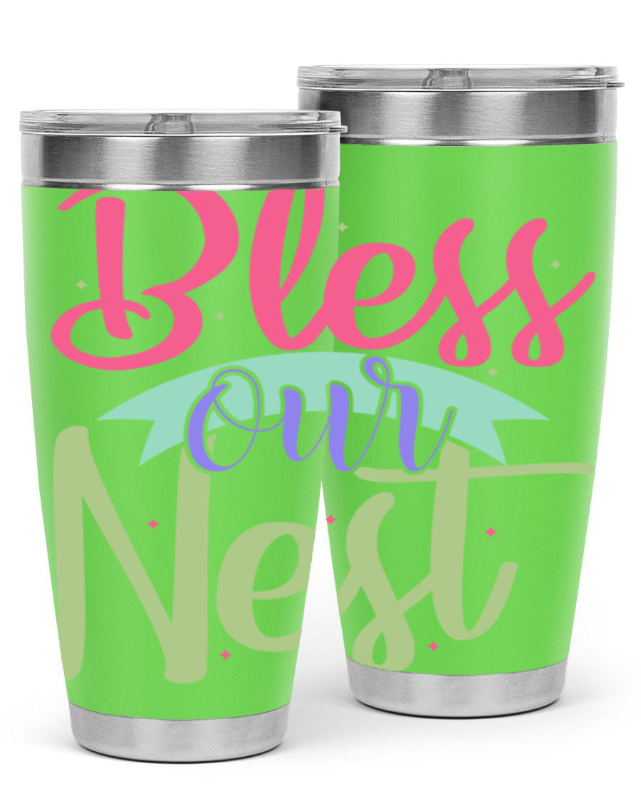 Bless Our Nest 20oz Tumbler made of stainless steel with a charming design, perfect for hot and cold beverages.