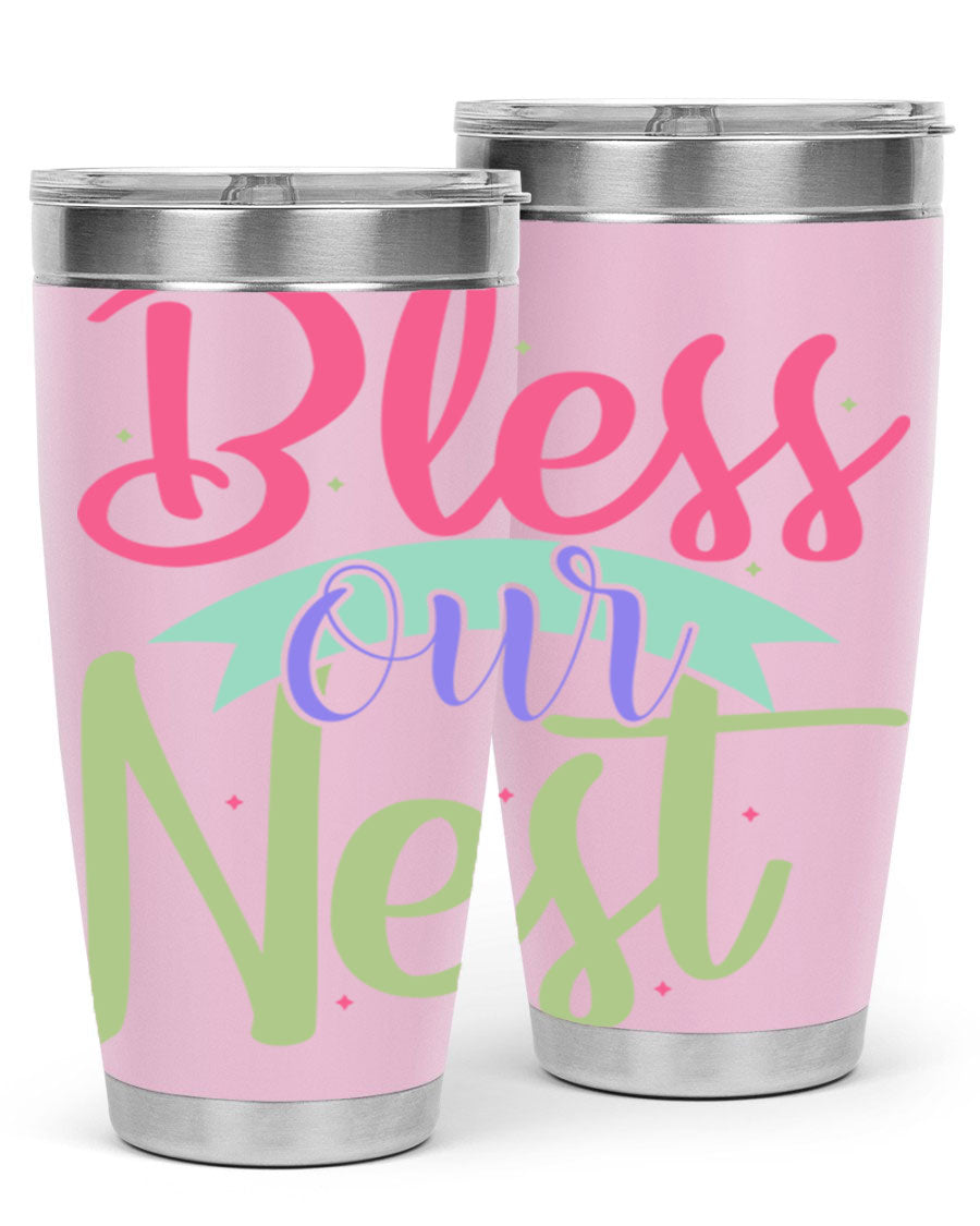 Bless Our Nest 20oz Tumbler made of stainless steel with a charming design, perfect for hot and cold beverages.