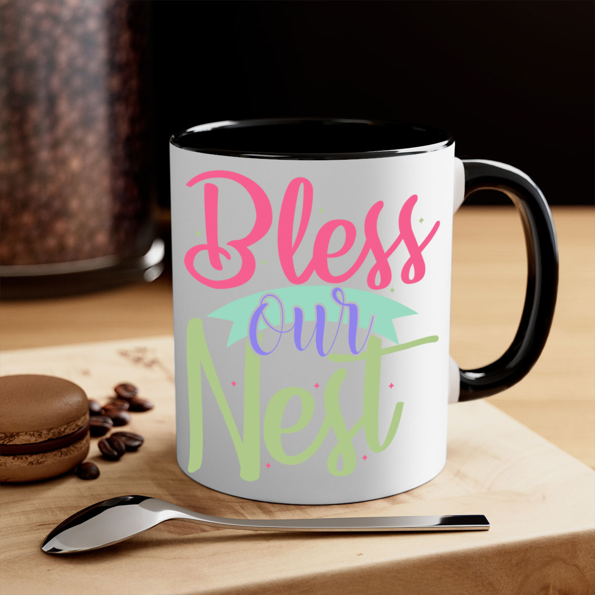 Bless our nest 49# mug featuring a glossy finish, colored handle, and interior, available in multiple colors and sizes.