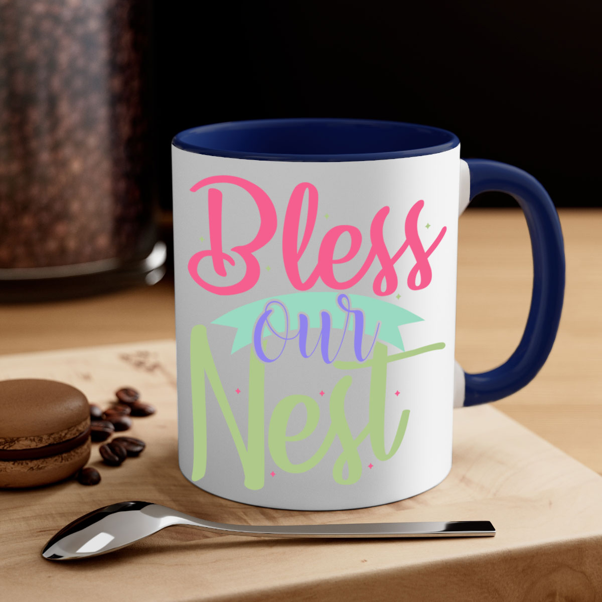 Bless our nest 49# mug featuring a glossy finish, colored handle, and interior, available in multiple colors and sizes.