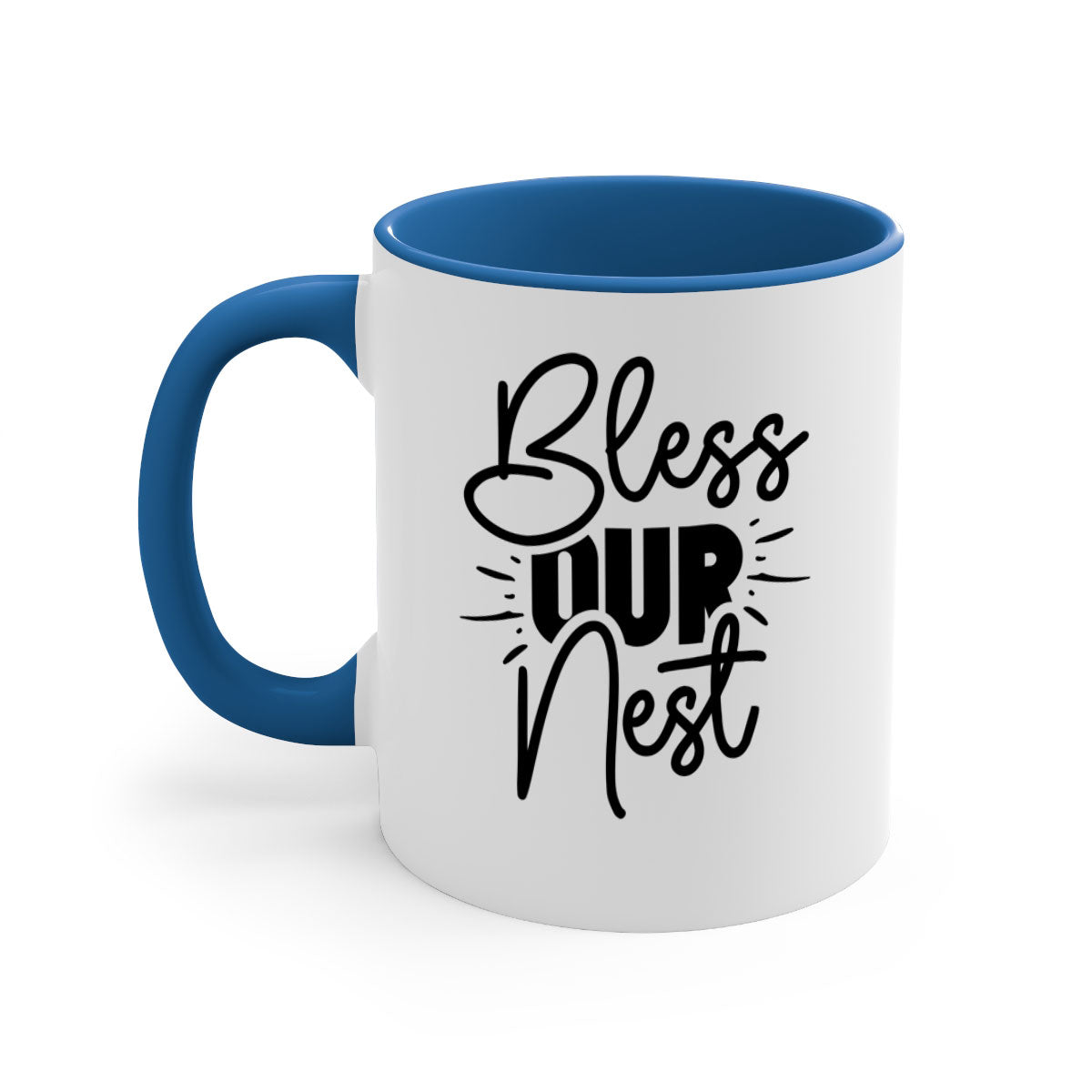 A stylish Bless Our Nest mug featuring a two-tone design with a colored handle and interior, available in multiple colors.