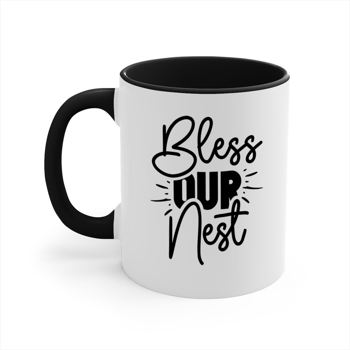 A stylish Bless Our Nest mug featuring a two-tone design with a colored handle and interior, available in multiple colors.