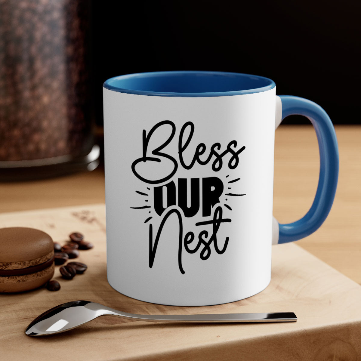 A stylish Bless Our Nest mug featuring a two-tone design with a colored handle and interior, available in multiple colors.