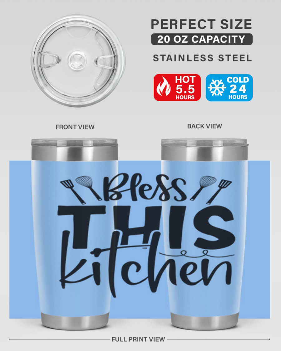 Bless This Kitchen 20oz Tumbler in stainless steel with a drink-thru lid, showcasing its sleek design and copper lining.