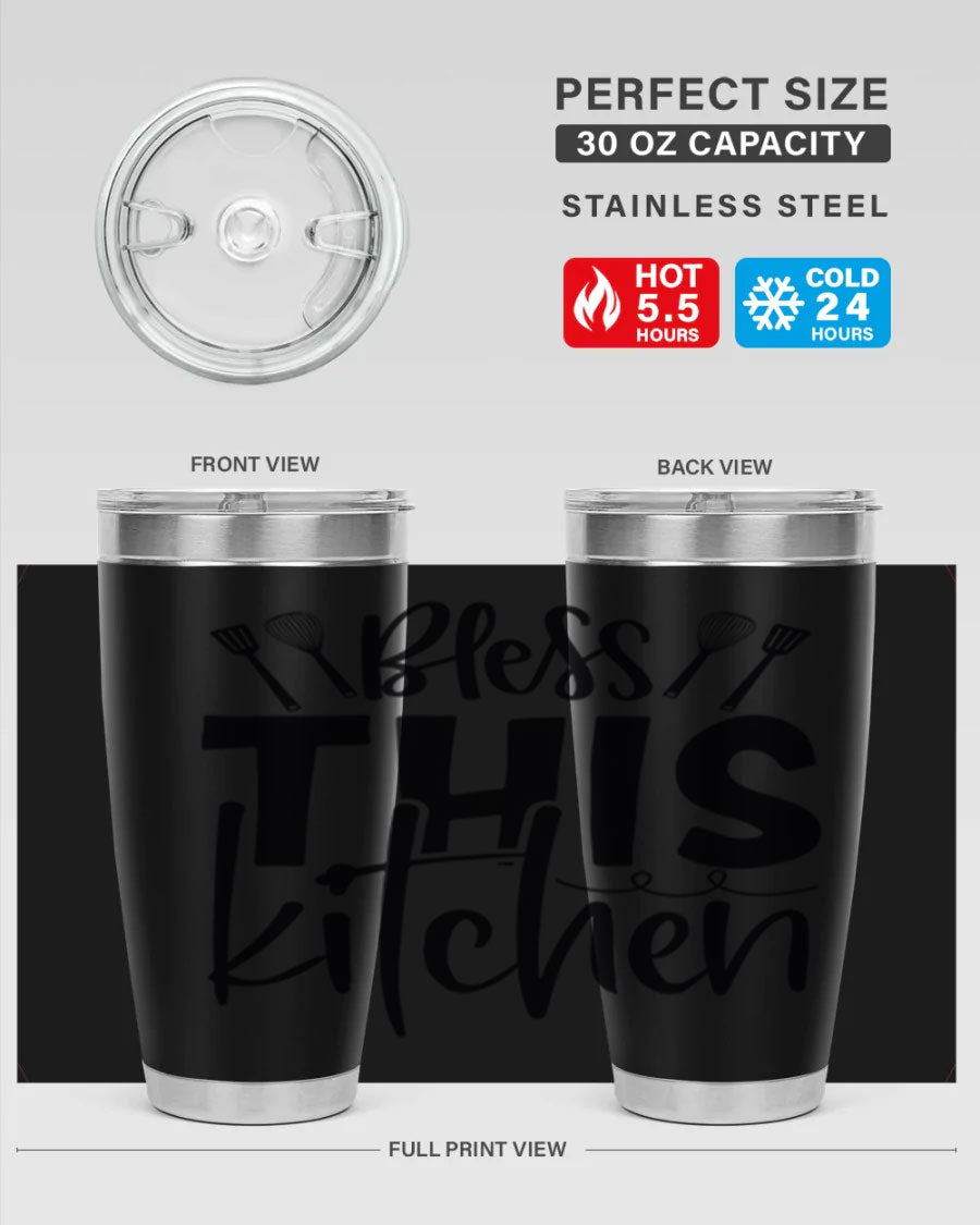 Bless This Kitchen 20oz Tumbler in stainless steel with a drink-thru lid, showcasing its sleek design and copper lining.